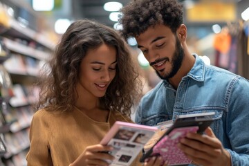 Young couple browsing books in a store.