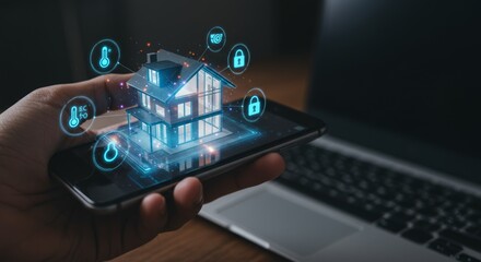 Fototapeta premium Smart home control app on a phone. A hand holds a phone displaying a 3D model of a house with connected smart home devices