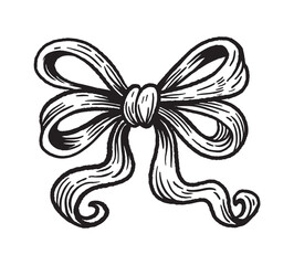 Curly ribbon bow in classic black and white engraving style with bold handdrawn lines, isoleted on white background
