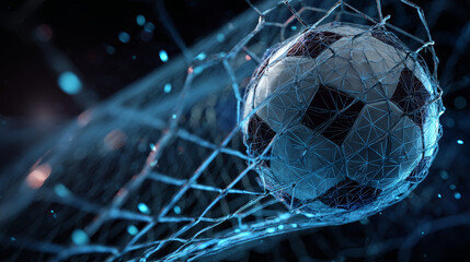 Soccer ball in goal from lines and triangles, point connecting network on blue background. Illustration vector