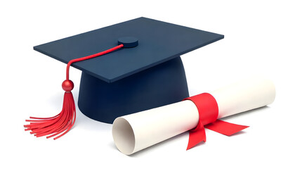 A navy graduation cap and diploma, symbolizing academic success and the achievement of a degree.