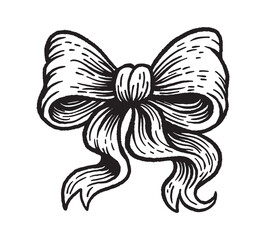 Elegant black and white ribbon bow in engraving style with vintage textured lines. Handdrawn illustration, isoleted on white background