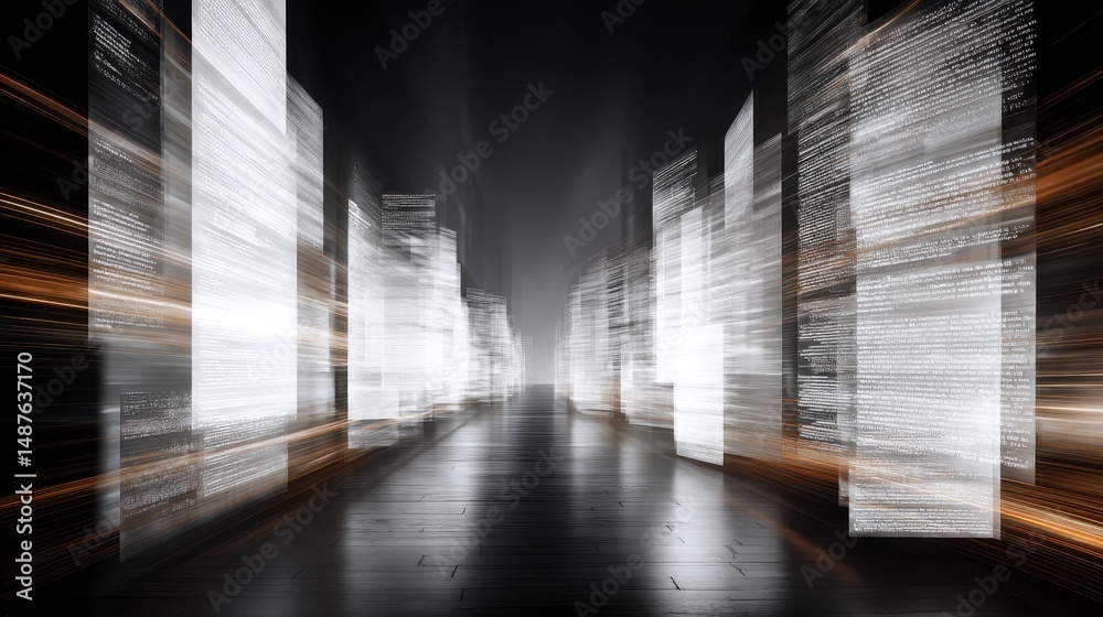 Poster dynamic futuristic cityscape with illuminated data streams showcasing technology, digital transforma