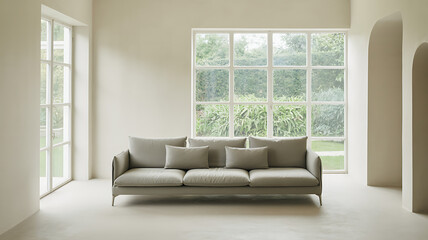 Fototapeta premium Serene Living Room Design Modern Sofa with Large Windows and Natural Light