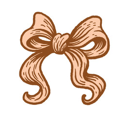 Beige ribbon bow in vintage engraving style. Handdrawn and textured look. Brown and beige color palette. Isolated on white background