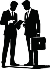 Vector silhouette of two businesspeople standing and discussing a document or report, one pointing at paper, clean black vector on white background, professional office scene
