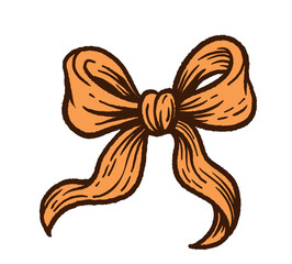 Hand-drawn orange ribbon bow with engraving texture in retro sketch style. Isolated on white background
