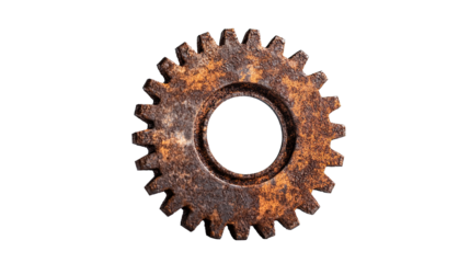 Old rusty steel gear, cogwheel, mechanical part of industrial machine, isolated on transparent background. PNG