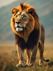 Obraz premium A regal lion surveys its domain, showcasing a magnificent mane and powerful stature.
