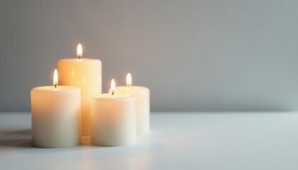 Glowing white candles, selective focus, white surface, grey background, macro, white, faith