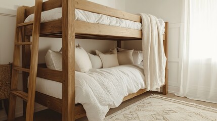 Rustic Wooden Bunk Bed in Neutral Bedroom