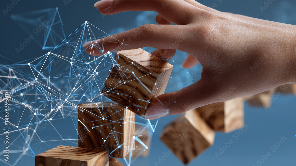 Poster abstract hand playing wood blocks stack game form lines and triangles, point connecting network on b