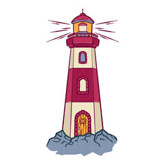 Retro cartoon-style lighthouse with red and cream stripes on rocks, emitting light beams, isoleted on white background