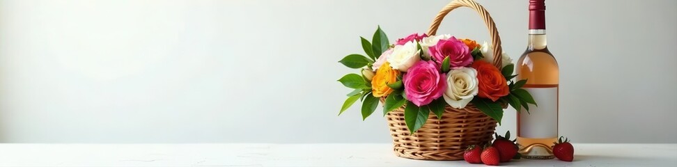 Rustic wicker basket filled with vibrant bouquet & wine bottle White tabletop , summer, red wine, home