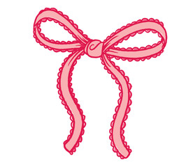 Hand-drawn pink lacy bow in cute cartoon style with delicate scalloped edges, soft pastel color, isolated on white background
