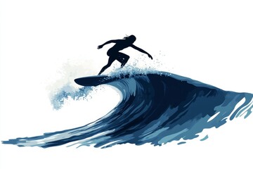 Minimalist vector of a surfer riding a large wave, soft shading and clean lines, natural blue and white tones, clean and professional composition, copy space, natural color, minimalism, stock vector