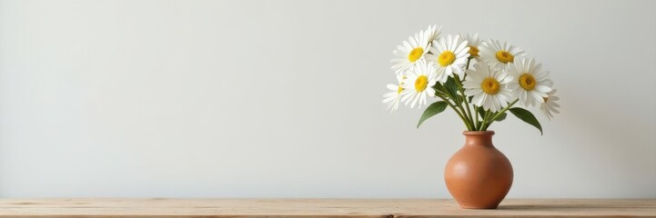 Simple chamomile bouquet in clay vase on wooden table against white wall , white background, photography