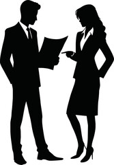 Vector silhouette of two businesspeople standing and discussing a document or report, one pointing at paper, clean black vector on white background, professional office scene