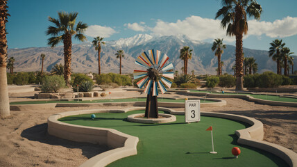 Miniature golf course with mountain and palm scenery