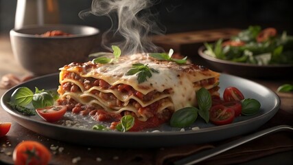 Hot Steaming Lasagna with Cheese and Tomato Sauce Served with Fresh Salad on Plate