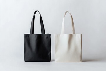 Minimalist tote bag mockup featuring one white and one black bag, neatly arranged side by side against a neutral grey background.