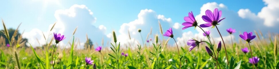 Fototapeta premium vibrant harebells amongst tall grasses under a summer sky , sky, daytime