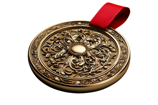 A large gold medal with a detailed design and a red ribbon, isolated on a transparent background, PNG file.