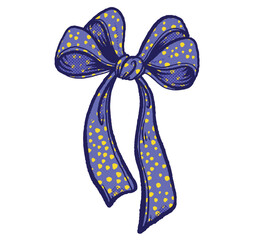 Playful purple bow with yellow polka dots in cartoon style, hand-drawn textured illustration isolated on white background