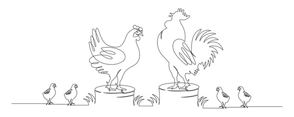 continuous line drawing of a chicken and its chicks