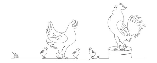 continuous line drawing of a chicken and its chicks 1