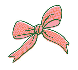Pink ribbon bow with green outline and plaid pattern in hand-drawn cartoon style, playful decorative element, isolated on white background