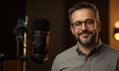 A smiling man with glasses poses in a studio setting, next to a microphone, exuding a warm and approachable vibe.