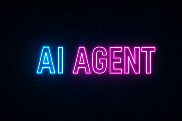 AI agent concept, the words "AI Agent" representing generative artificial intelligence or GenAI agents in neon blue and pink glowing letters on a black background with a circuit board pattern