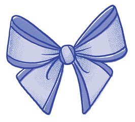 Hand-drawn blue bow in cute cartoon style with dotted shading, decorative ribbon clipart, isolated on white background