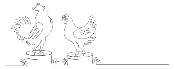 continuous line drawing of a pair of chickens