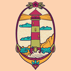 Colorful lighthouse illustration with waves, clouds and floral frame in retro handdrawn style, isoleted on white background