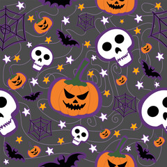 Dark Halloween Seamless Pattern with Pumpkins, Skulls and Bats