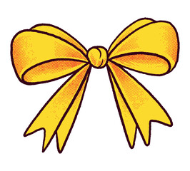 Bright yellow bow with red shading in playful cartoon style, hand-drawn textured illustration isolated on white background