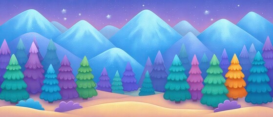 Obraz premium Vibrant abstract landscape featuring colorful layered mountains and whimsical pine trees against a dreamy twilight sky conveying tranquility and creative energy