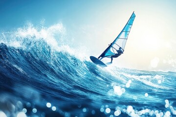 Realistic vector of a windsurfer gliding over a wave, with detailed water textures and natural lighting, dynamic posture and motion blur, natural color, minimalism, stock vecto