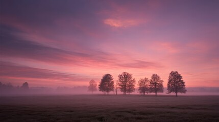 Obraz premium Pink Sunrise Over Foggy Field with Trees