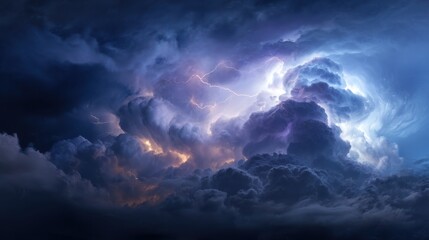 Fototapeta premium Dramatic Lightning Storm Photography: Intense Thunderstorm Cloudscape with Violet and Gold Lightening Strikes against Dark Blue Sky