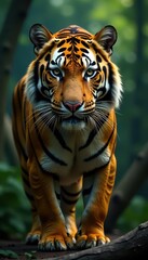 Obraz premium Shimmering gold glitter tiger stripes against a blurred jungle backdrop, majestic, image