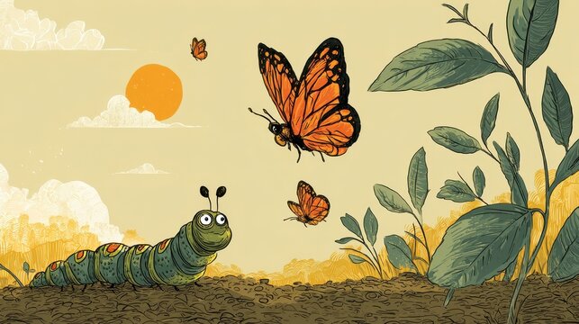 Vibrant butterflies and caterpillar scene.