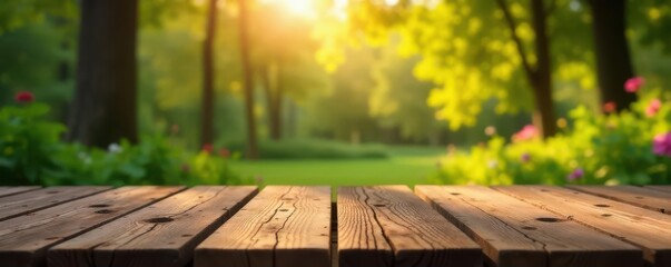 Naklejka premium Rustic wooden display, blurred nature backdrop, simple, sunlight