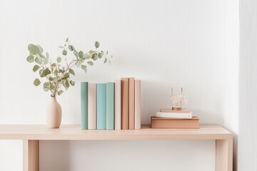 Tranquil Home Office Decor Featuring Stylish Books and Green Plants, Enhancing Focus in Minimalist Workspace, Soothing Atmosphere