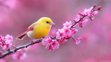 Yellow Bird on Pink Blossoms