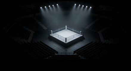 aerial view of an empty boxing ring under spotlights in a dark room surrounded by spectator seats