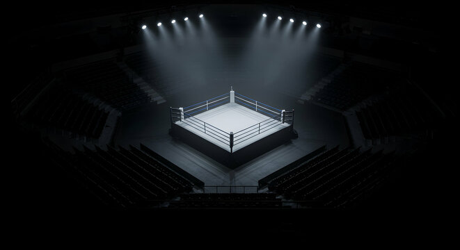 aerial view of an empty boxing ring under spotlights in a dark room surrounded by spectator seats