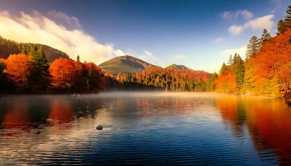 Fototapeta premium Espectacular amanecer en un lago de montaña con niebla y árboles otoñales